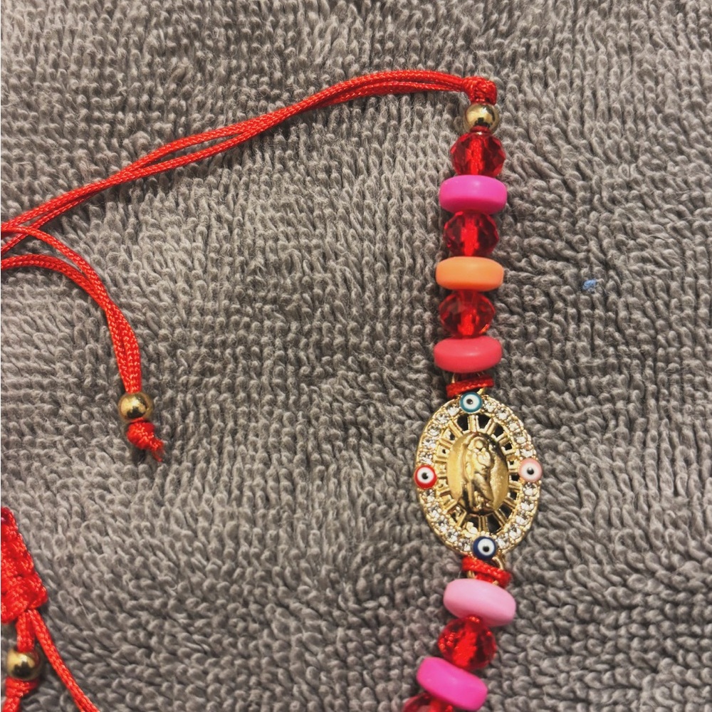 & Other Stories Red and Pink Beaded Bracelet with Gold Charm